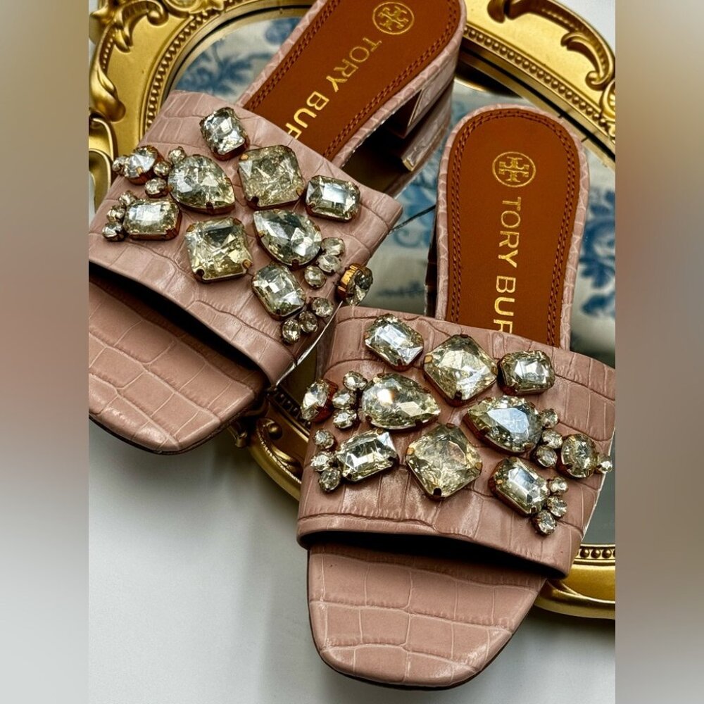 🆕 TORY BURCH 🧿 NWOT Martine 25mm Slides, Pink Croc Embossed Crystal Embellish - Picture 6 of 15